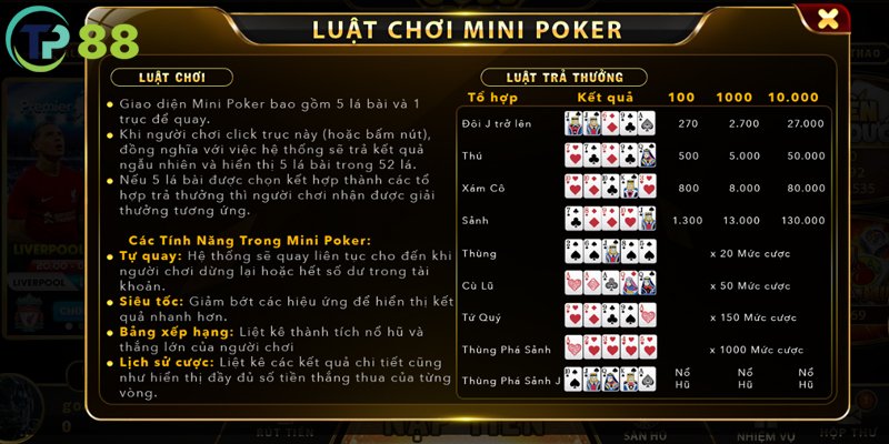 Luật cơ bản trong game Mini Poker đơn giản